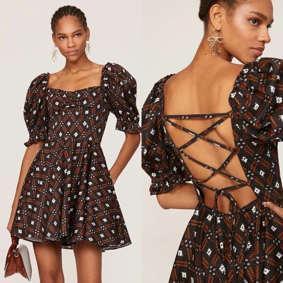 NWOT Autumn Adeigbo Camille Diamond Print Puff Sleeve Lace Up Back Mini Dress 8 - Picture 7 of 16